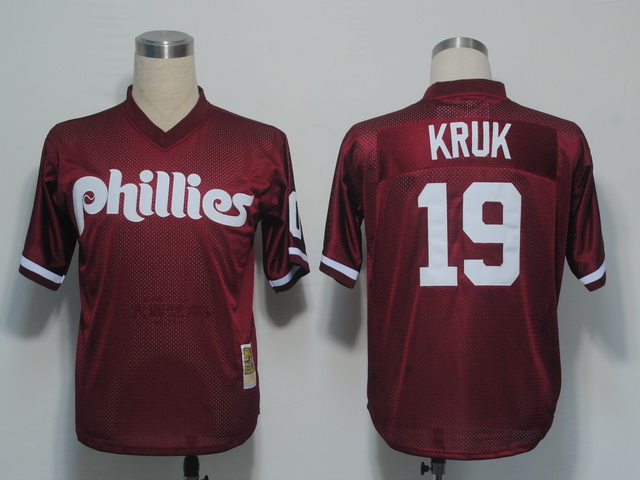 Mitchell and Ness 1991 Phillies #19 John Kruk Red Stitched MLB Jersey - Click Image to Close
